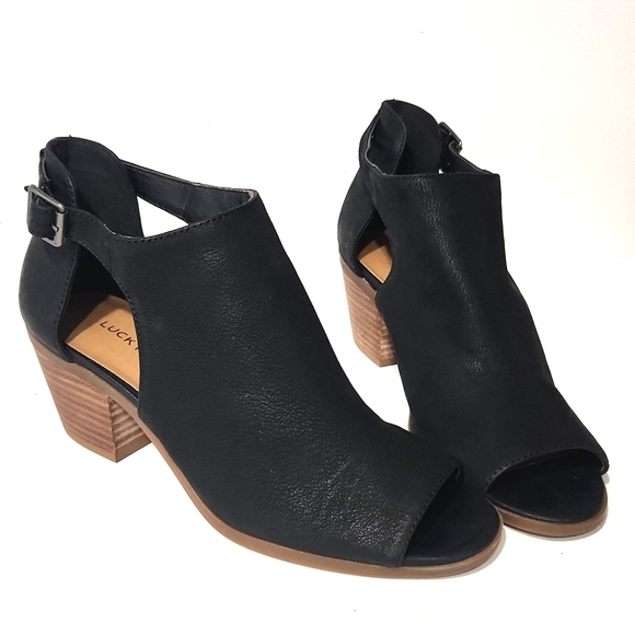 NEW Lucky Brand Barimo Black Leather Wood Block Open Toe Heels Women's 9 - Picture 3 of 13